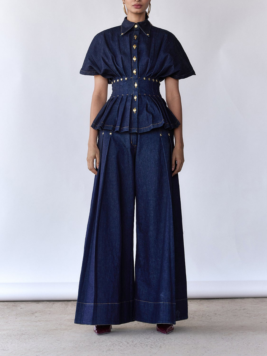 Luxury Button Detail Peplum Top And High Waist Wide Leg Pants Set