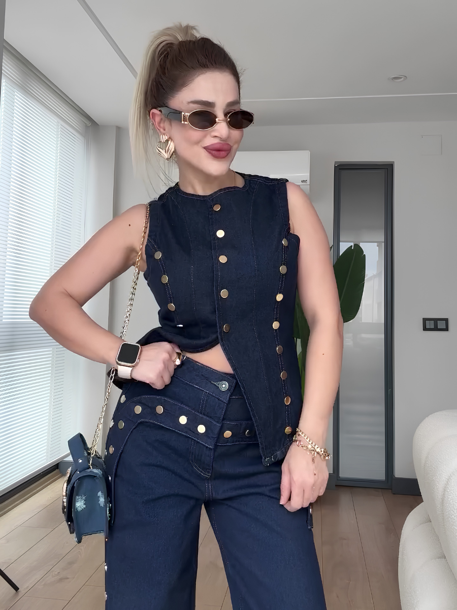 Gold Button Denim Vest & Wide-Leg Jeans Set