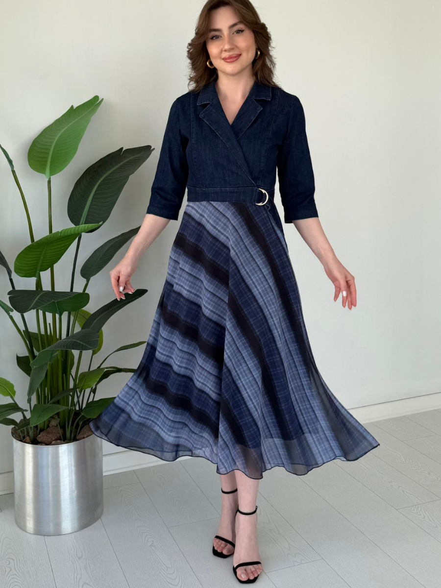 Denim Patchwork Plaid Wrap Midi Dress
