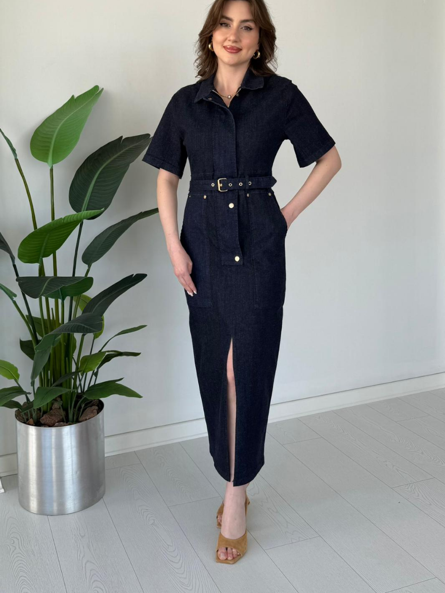 Elegant Belted Button Front Slit Denim Midi Dress