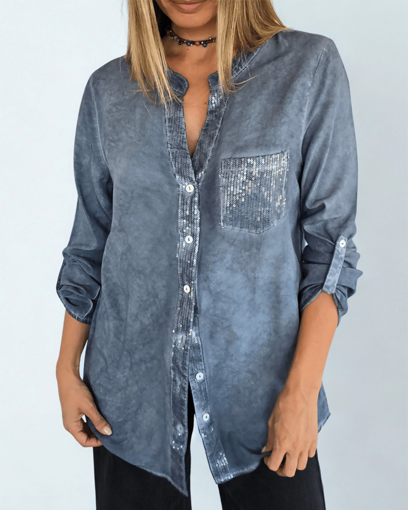 Ladies' Spring/Summer American Retro Glitter Pocket Denim Shirt