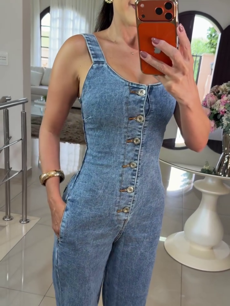 Vintage Button Front Wide-Leg Denim Jumpsuit