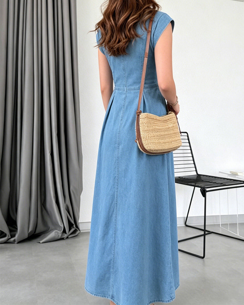 Women's spring and summer zipper waist cinched long denim dress