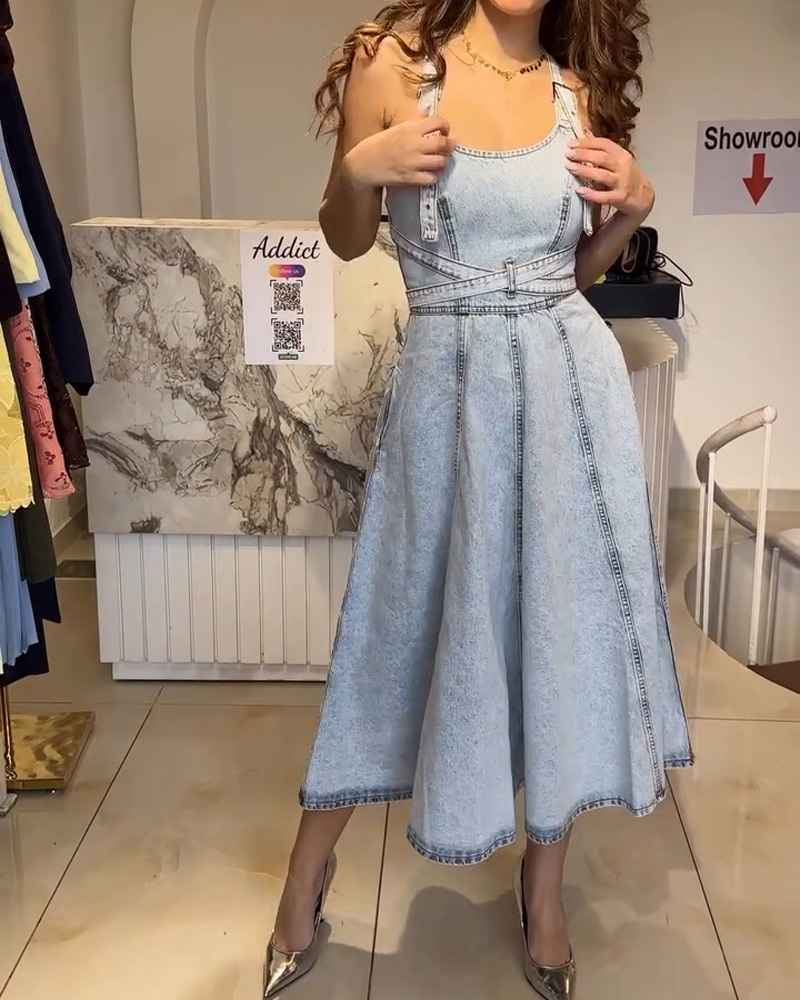 Ladies' spring and summer vintage camisole waist cinching slimming denim dress