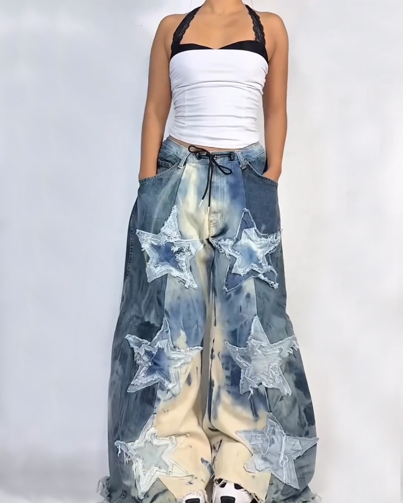 Women's spring and summer comfortable washed retro five-pointed star pattern patch denim trousers