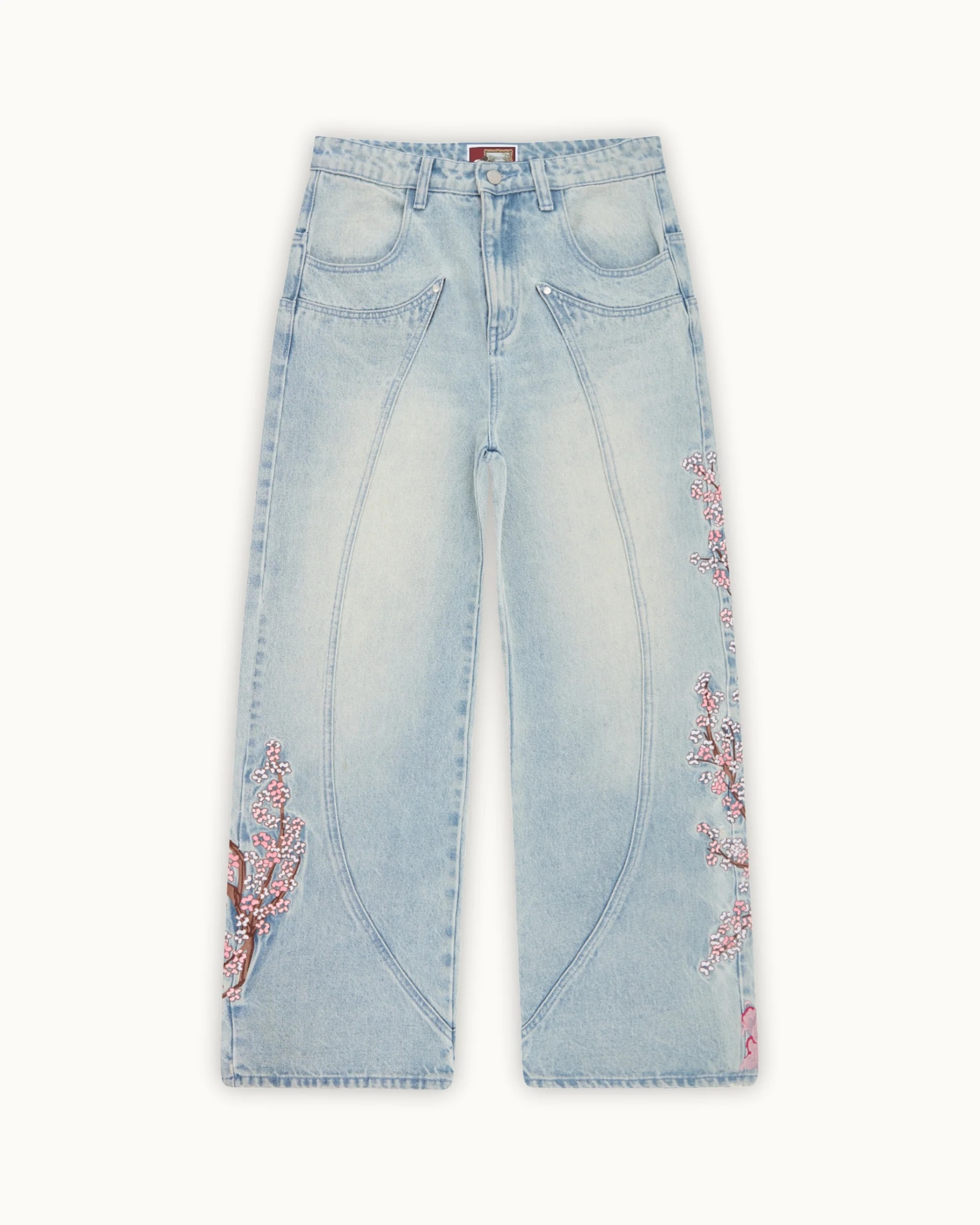 Knight Resting Under Sakura Tree Embroidered Jeans - Light Wash Streetwear Denim