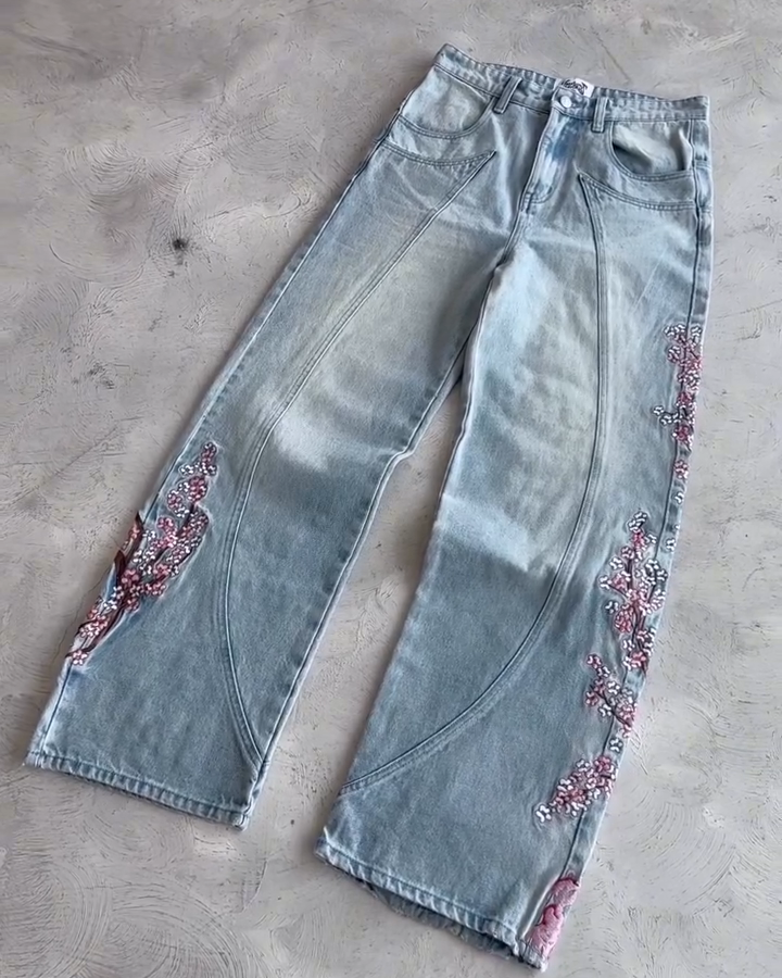Knight Resting Under Sakura Tree Embroidered Jeans - Light Wash Streetwear Denim