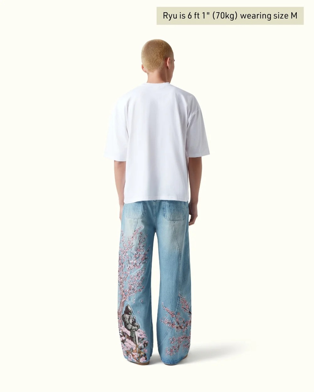 Knight Resting Under Sakura Tree Embroidered Jeans - Light Wash Streetwear Denim