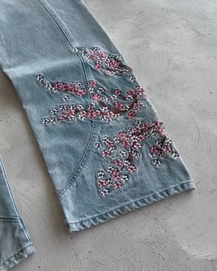 Knight Resting Under Sakura Tree Embroidered Jeans - Light Wash Streetwear Denim