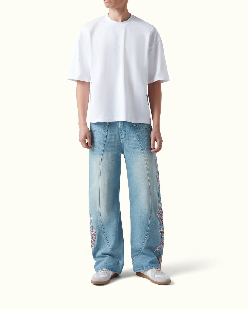 Knight Resting Under Sakura Tree Embroidered Jeans - Light Wash Streetwear Denim