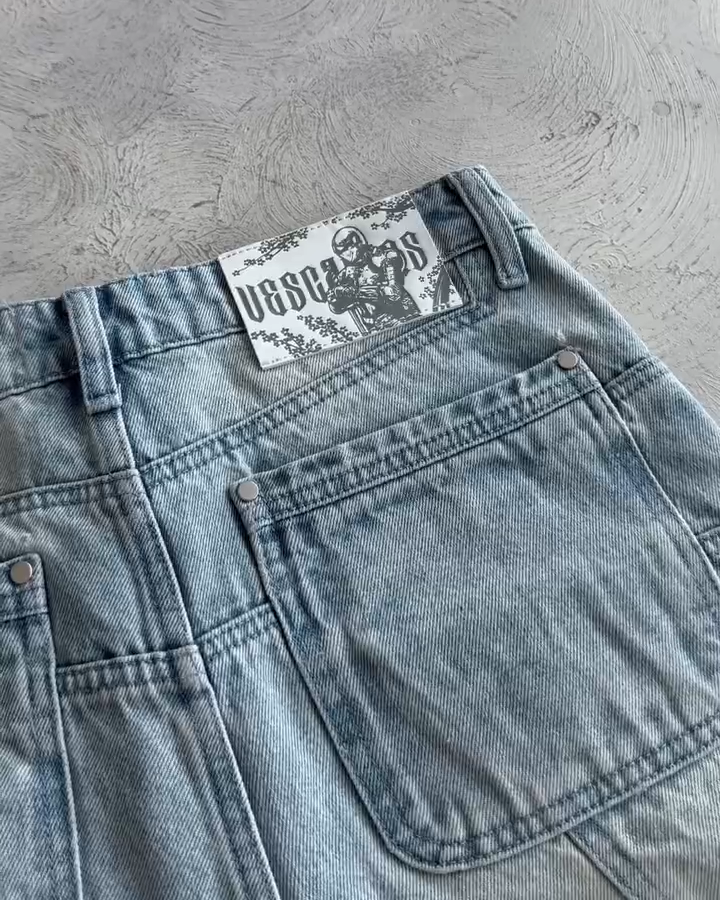 Knight Resting Under Sakura Tree Embroidered Jeans - Light Wash Streetwear Denim