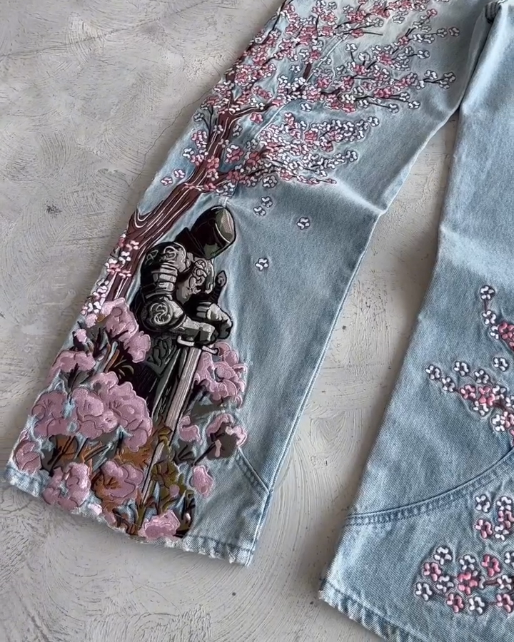 Knight Resting Under Sakura Tree Embroidered Jeans - Light Wash Streetwear Denim
