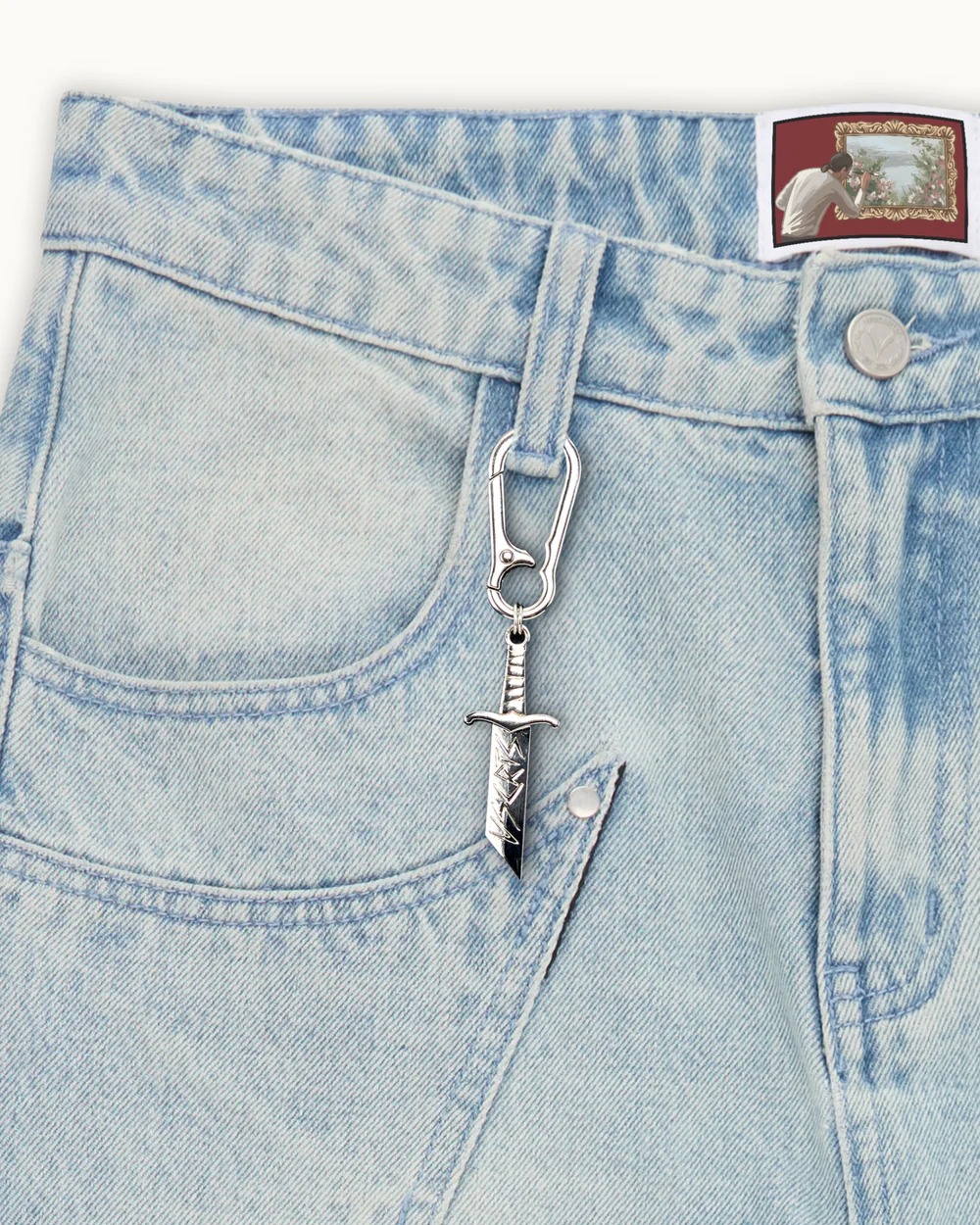 Knight Resting Under Sakura Tree Embroidered Jeans - Light Wash Streetwear Denim