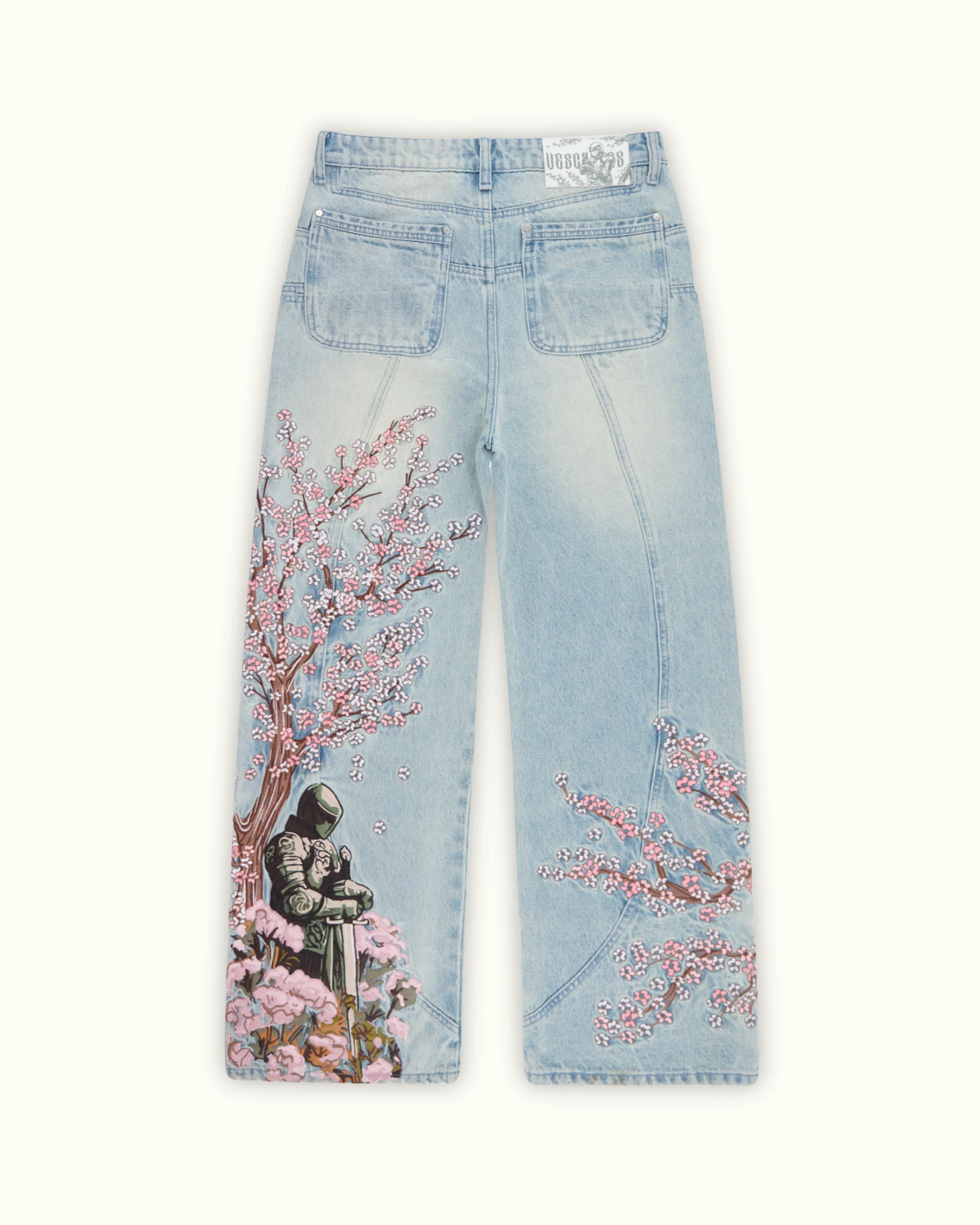 Knight Resting Under Sakura Tree Embroidered Jeans - Light Wash Streetwear Denim
