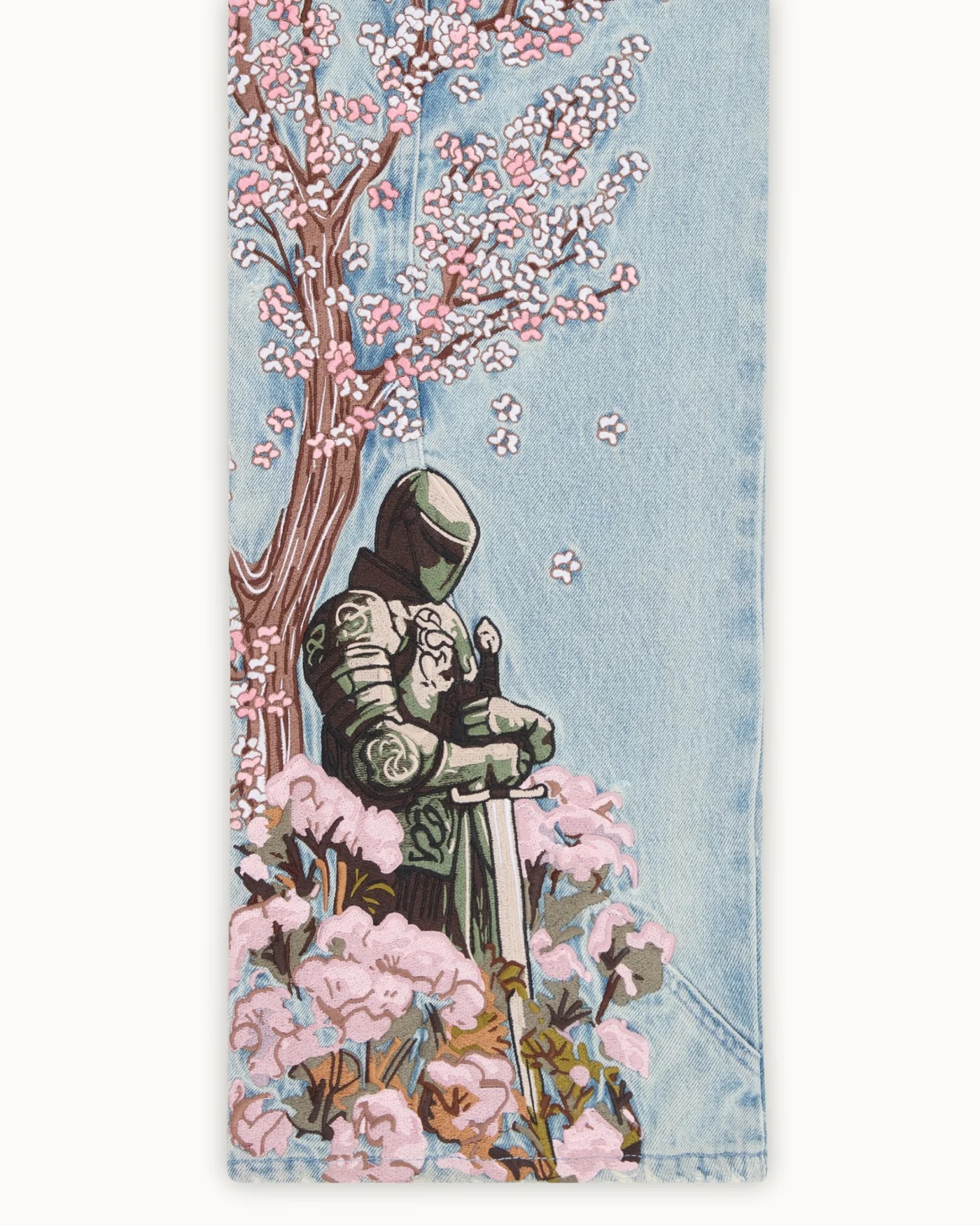 Knight Resting Under Sakura Tree Embroidered Jeans - Light Wash Streetwear Denim