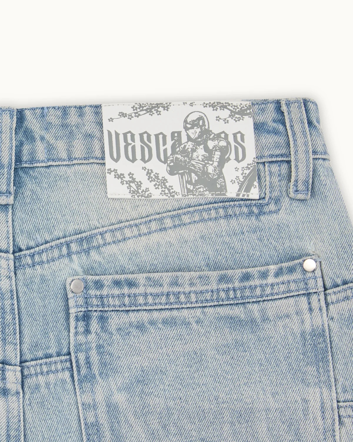 Knight Resting Under Sakura Tree Embroidered Jeans - Light Wash Streetwear Denim