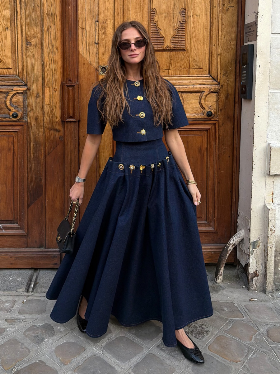 Luxury Button Detail Cropped Top And Flared Maxi Skirt Set