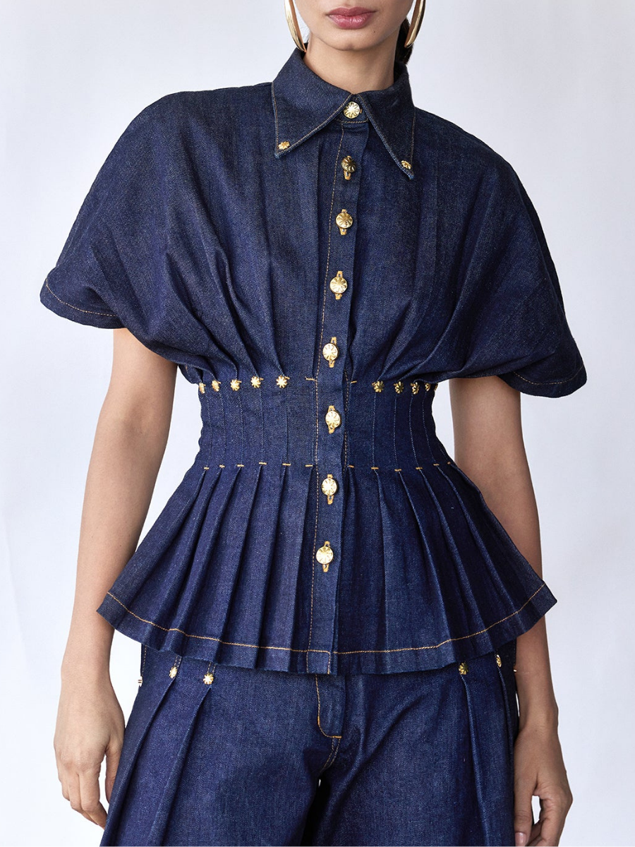 Luxury Button Detail Peplum Top And High Waist Wide Leg Pants Set