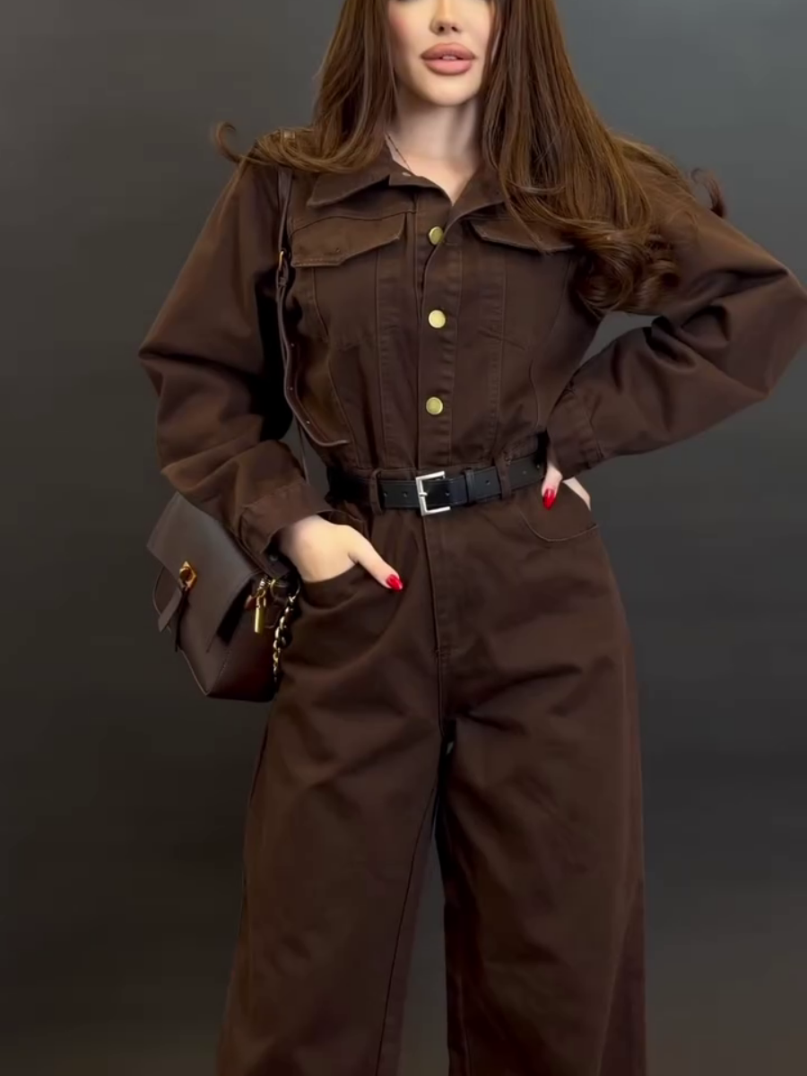 Slim Waist Belted Wide Leg Jumpsuit With Pocket Detail