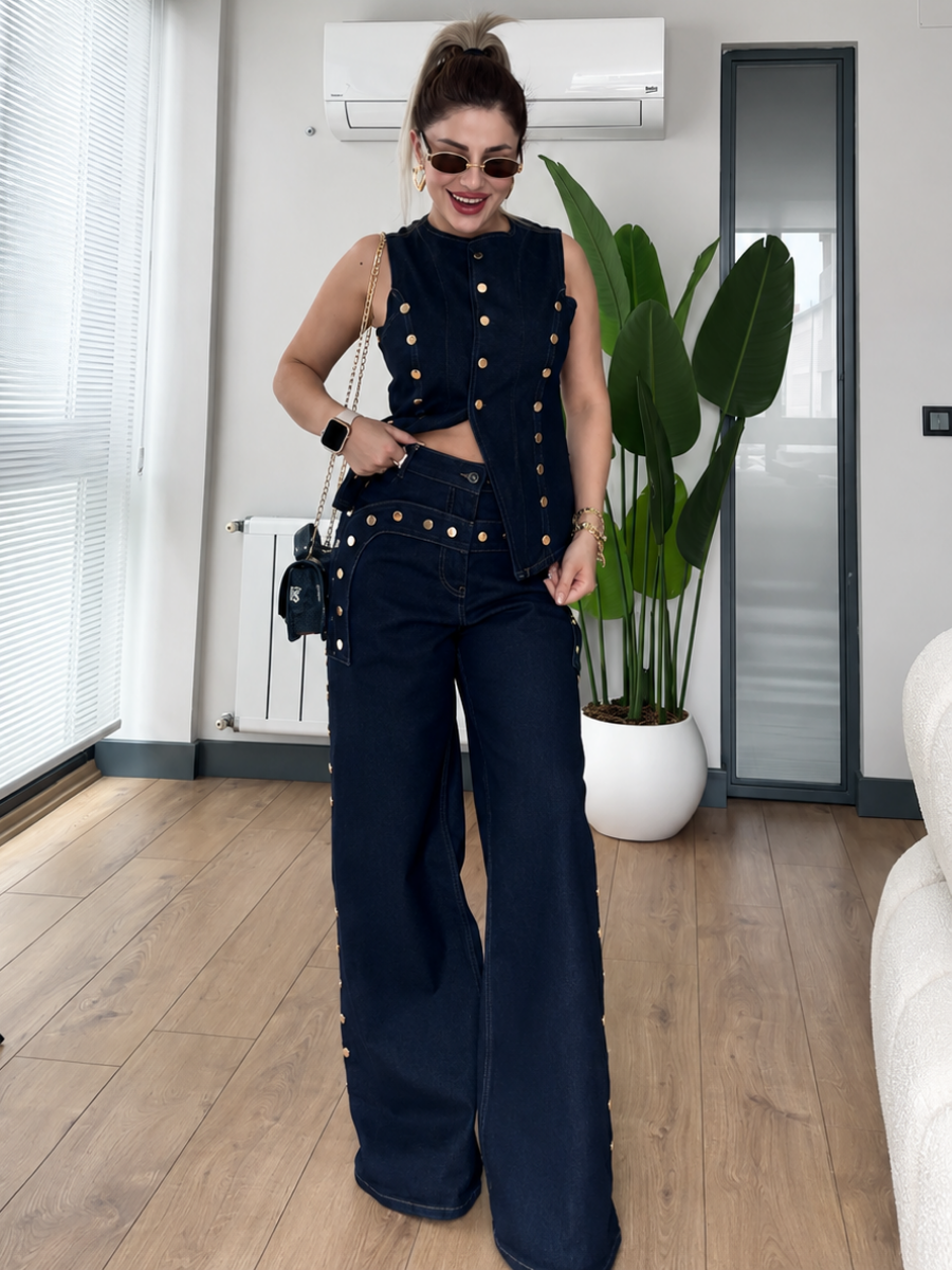 Gold Button Denim Vest & Wide-Leg Jeans Set