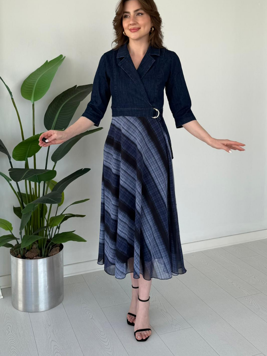 Denim Patchwork Plaid Wrap Midi Dress