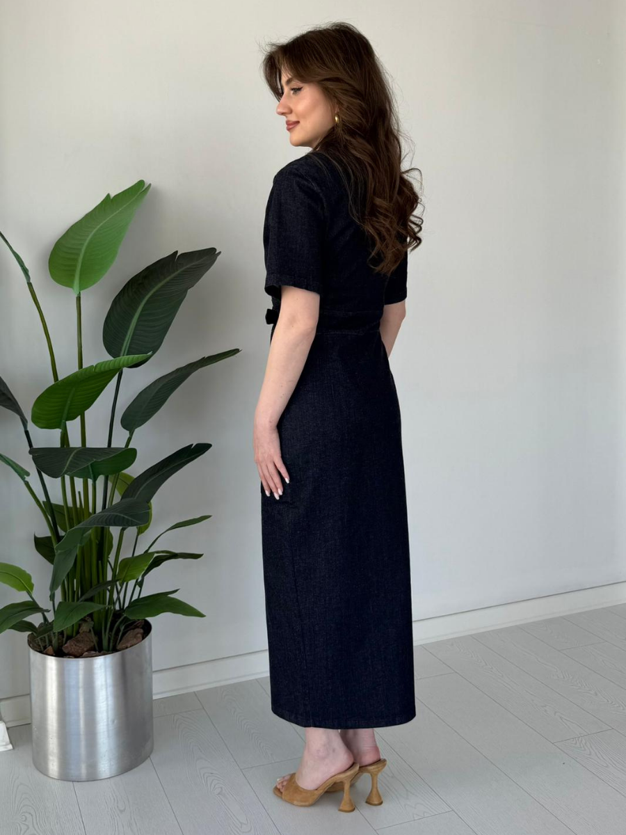 Elegant Belted Button Front Slit Denim Midi Dress