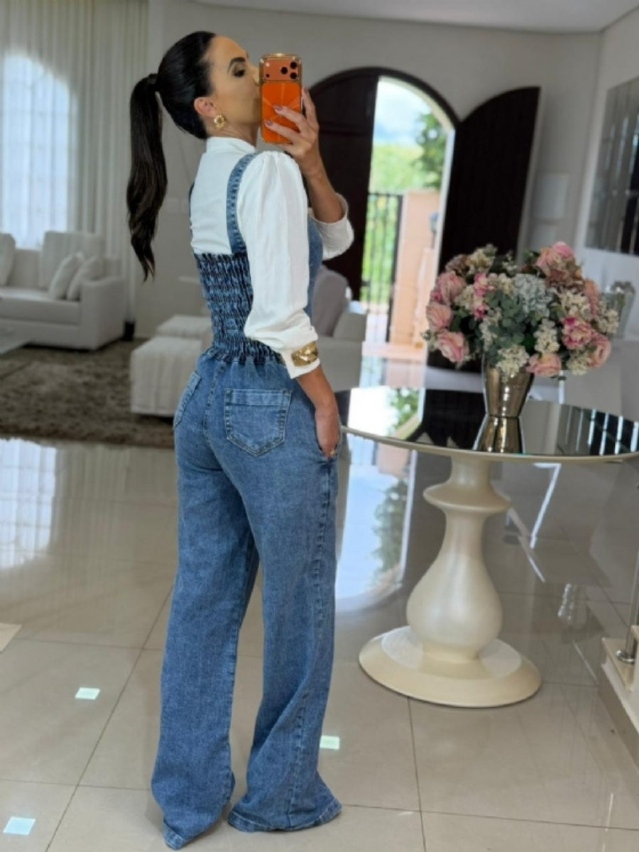 Vintage Button Front Wide-Leg Denim Jumpsuit