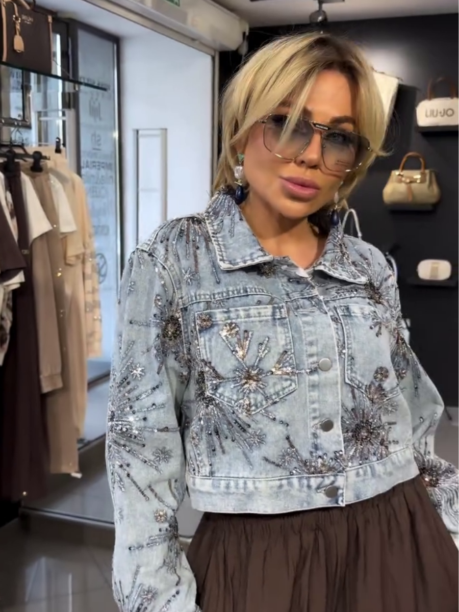 Luxury Firework Sequin Embellished Washed Denim Jacket