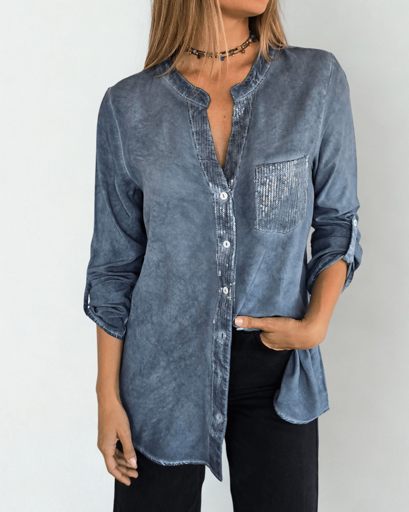 Ladies' Spring/Summer American Retro Glitter Pocket Denim Shirt