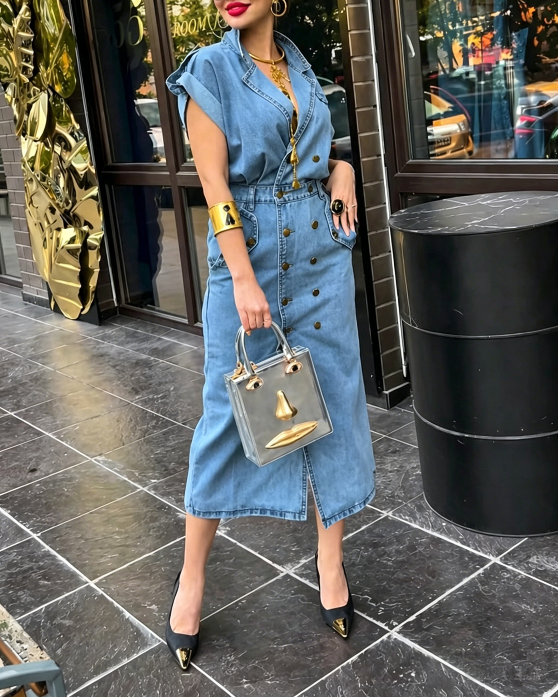 Women's Spring and Summer Comfortable Placket Breasted Denim Dress