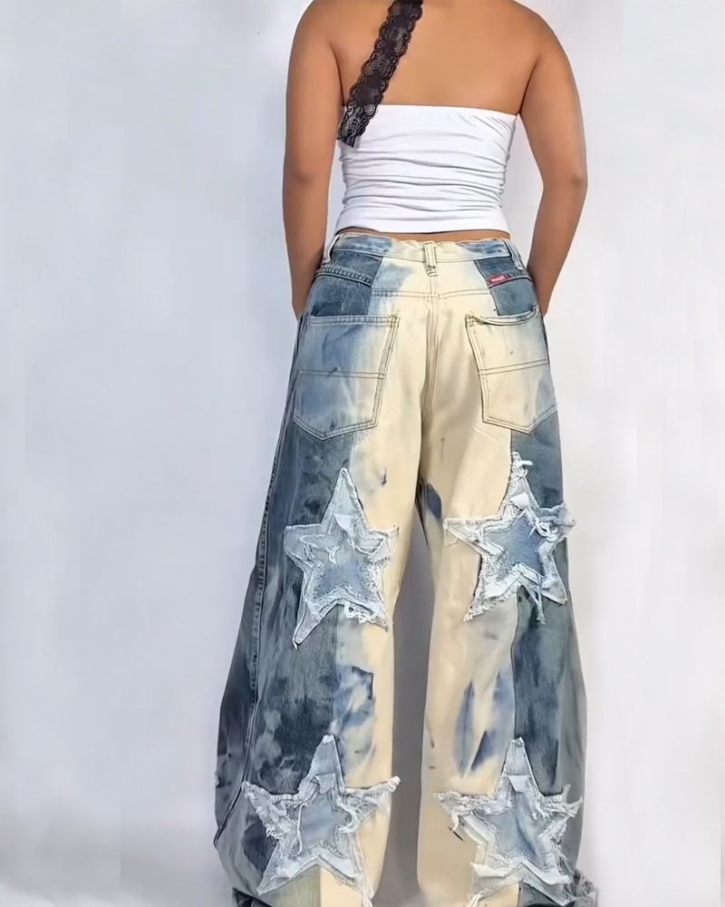 Women's spring and summer comfortable washed retro five-pointed star pattern patch denim trousers