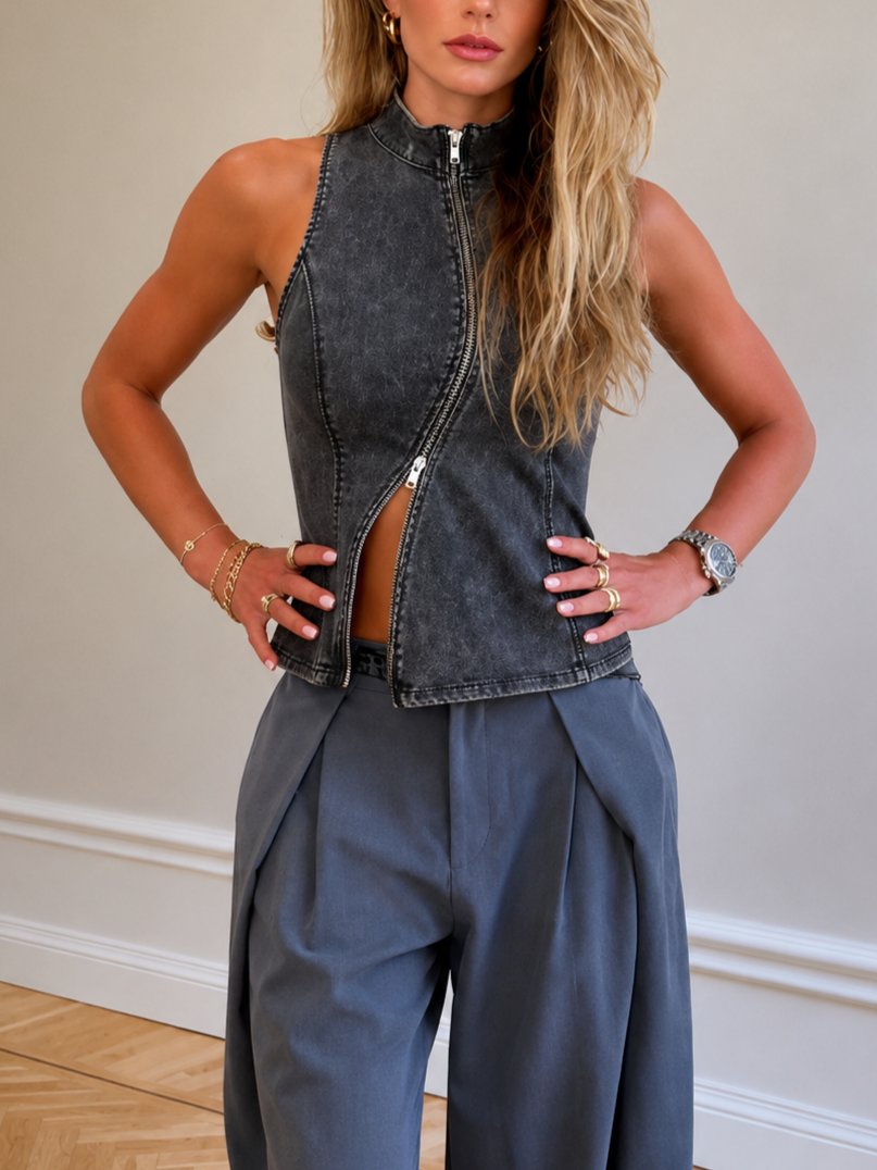 Washed Denim Asymmetrical Zip-Up Tank Top