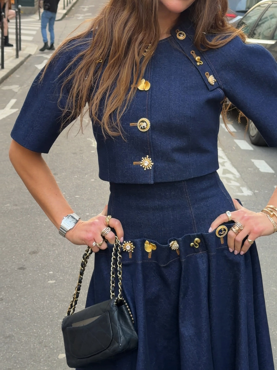 Luxury Button Detail Cropped Top And Flared Maxi Skirt Set