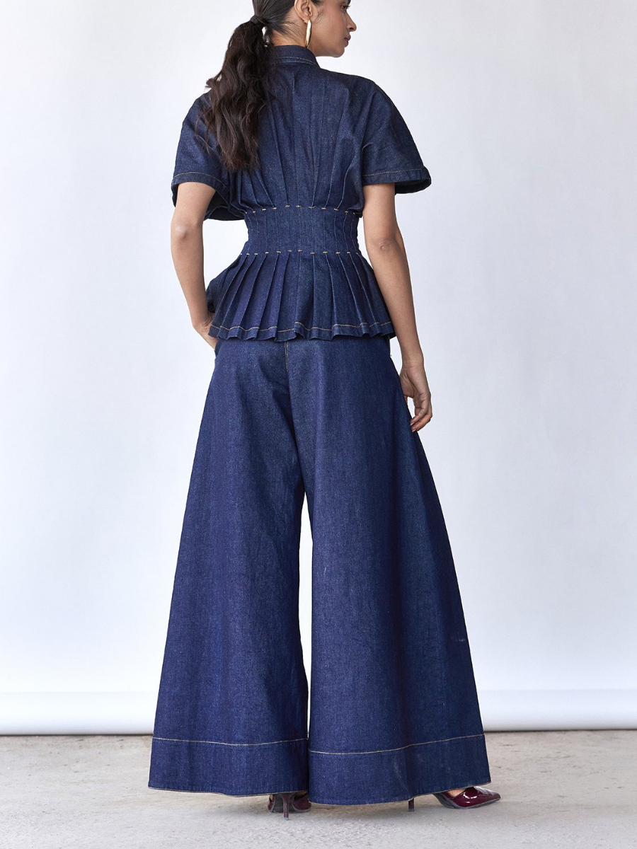 Luxury Button Detail Peplum Top And High Waist Wide Leg Pants Set