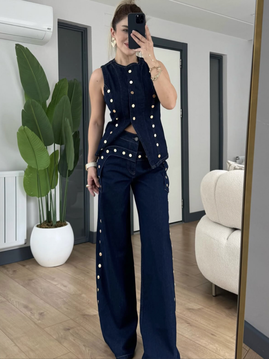 Gold Button Denim Vest & Wide-Leg Jeans Set
