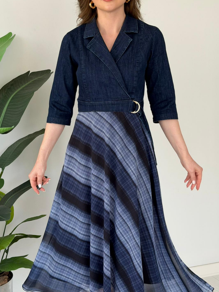 Denim Patchwork Plaid Wrap Midi Dress