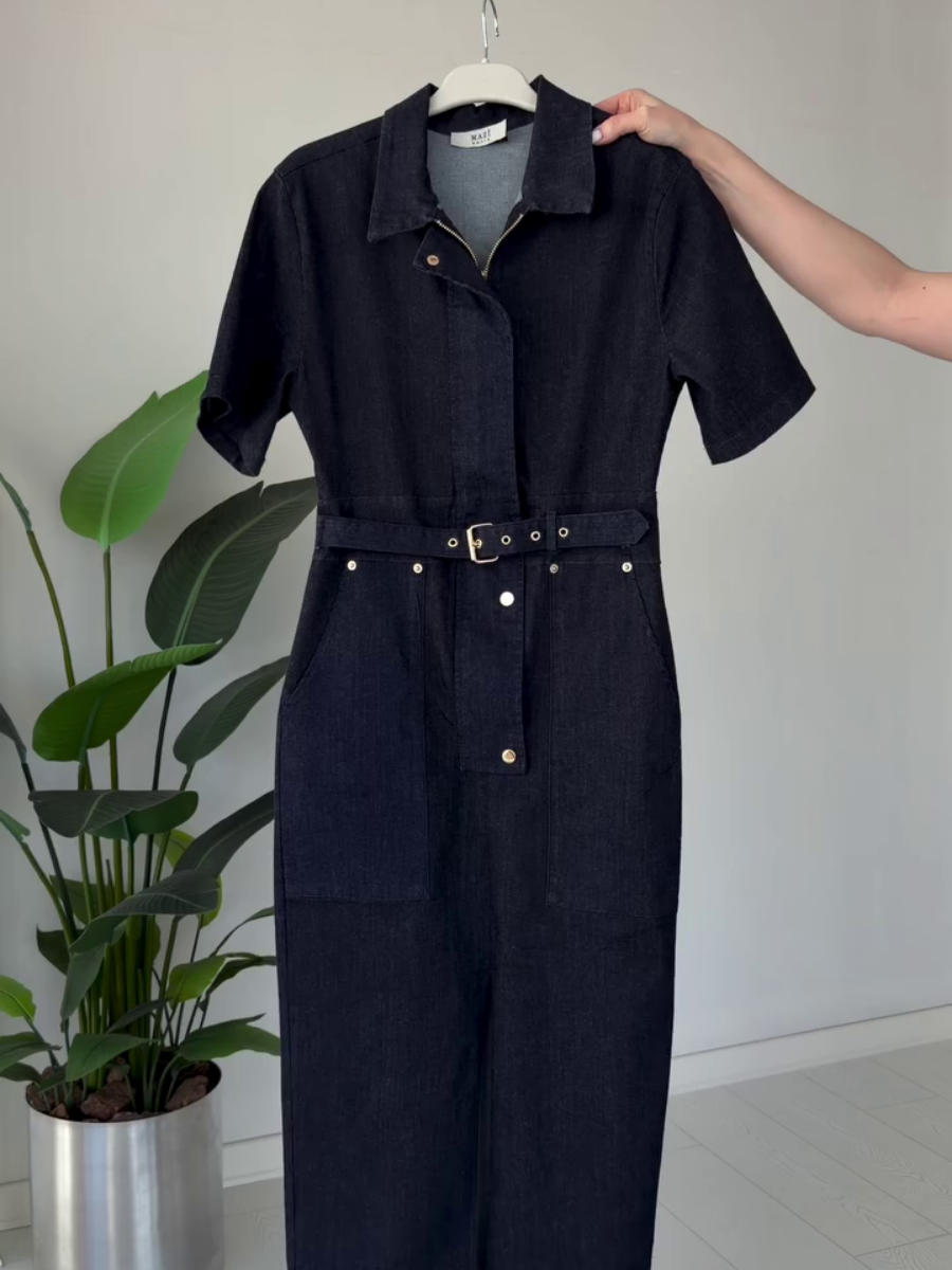Elegant Belted Button Front Slit Denim Midi Dress