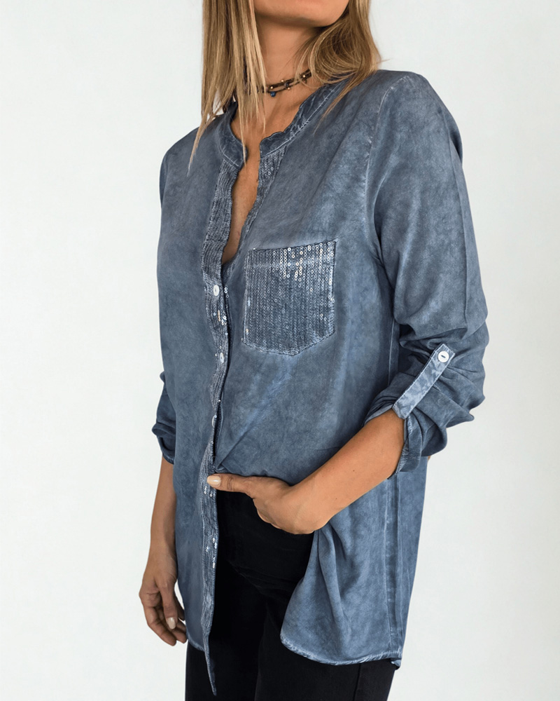Ladies' Spring/Summer American Retro Glitter Pocket Denim Shirt