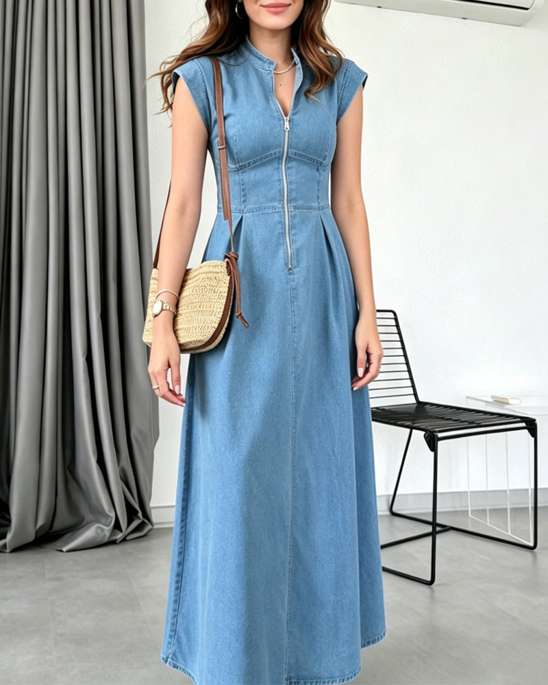 Women's spring and summer zipper waist cinched long denim dress