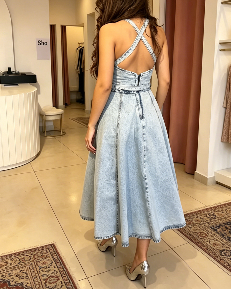 Ladies' spring and summer vintage camisole waist cinching slimming denim dress