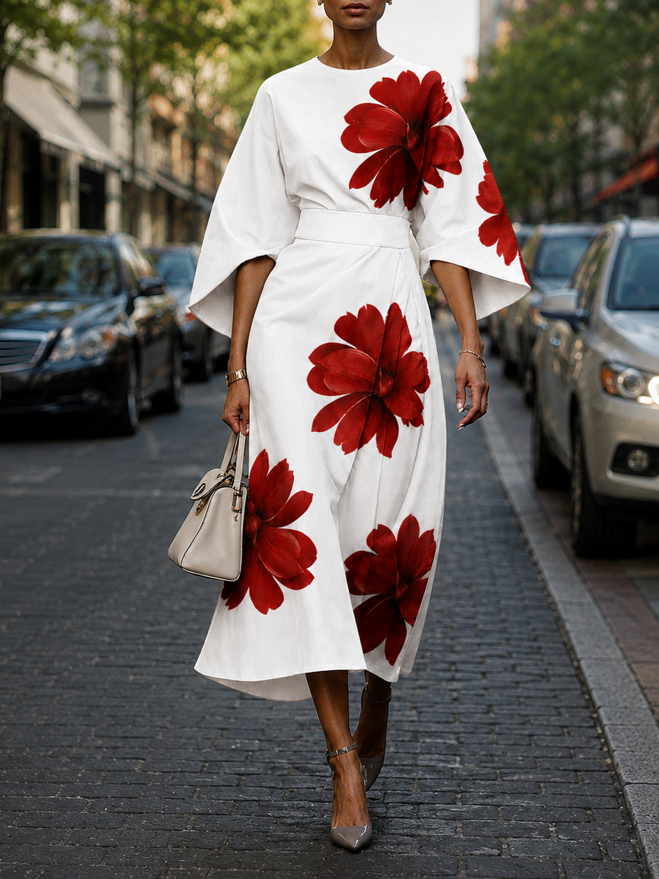 Red Floral Print Denim Texture Kimono Sleeve Midi Dress