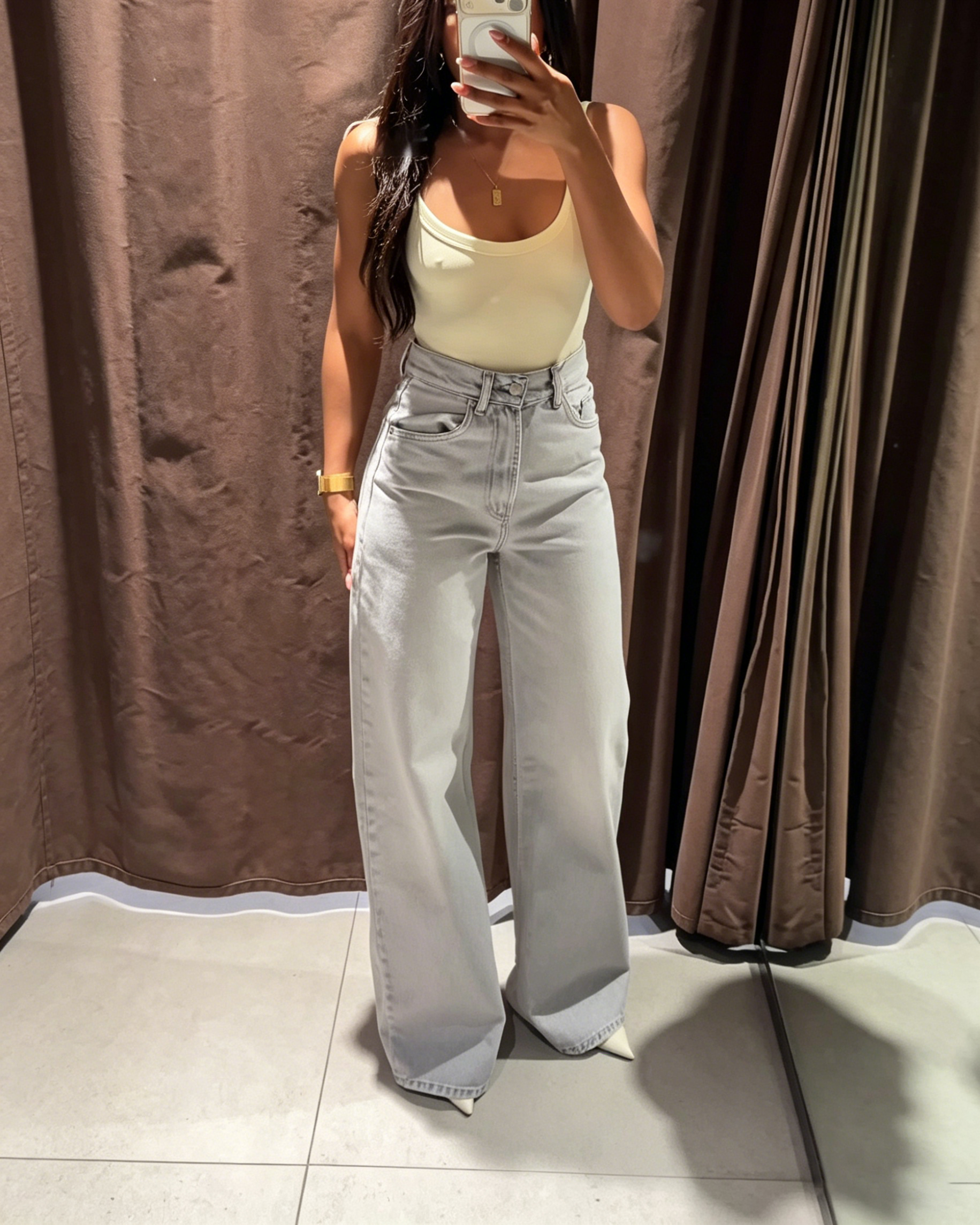 Light Gray Washed High Waisted Wide Leg Denim Jeans