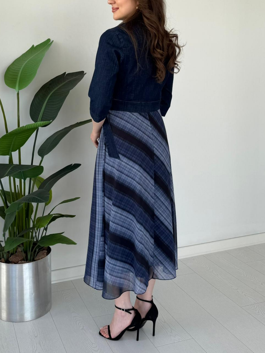 Denim Patchwork Plaid Wrap Midi Dress