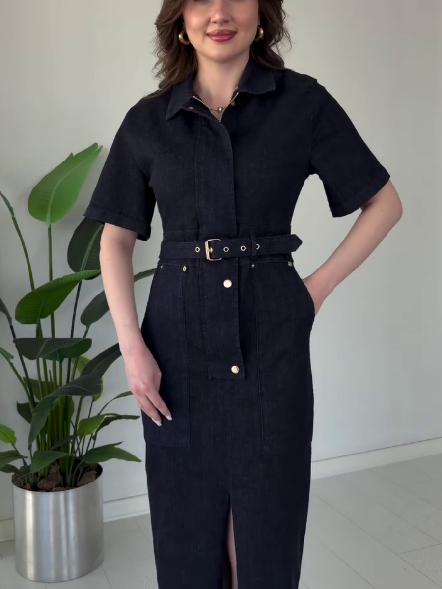 Elegant Belted Button Front Slit Denim Midi Dress