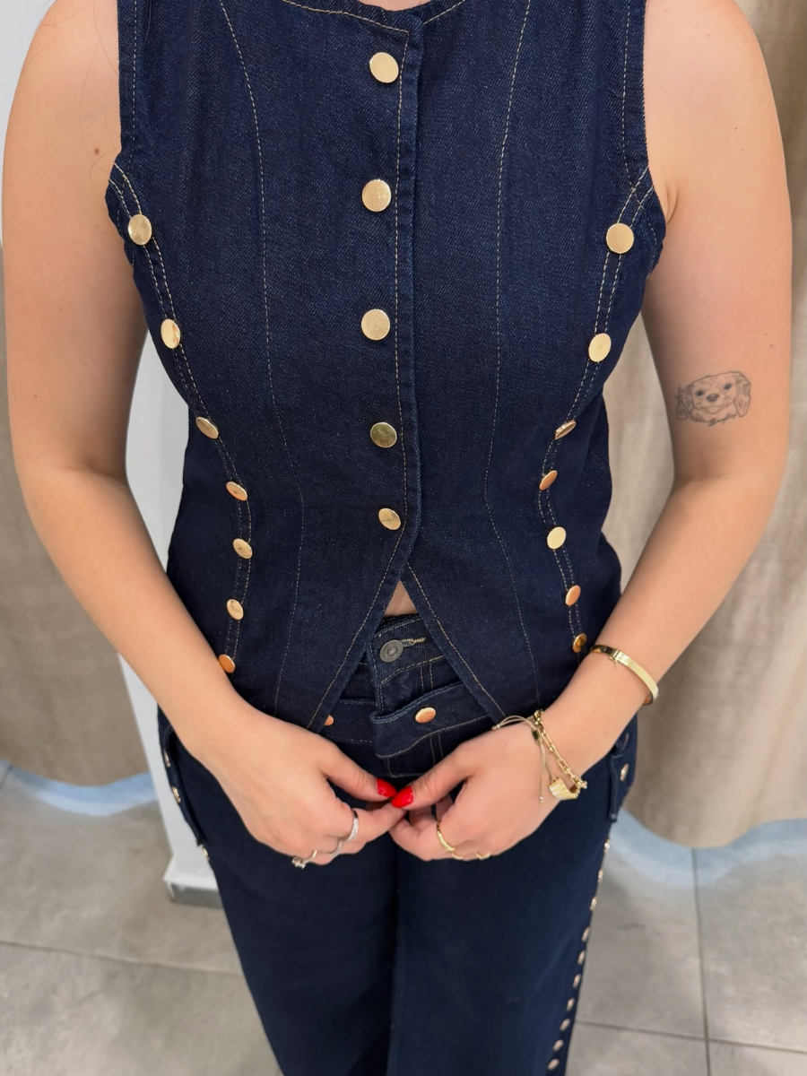 Gold Button Denim Vest & Wide-Leg Jeans Set