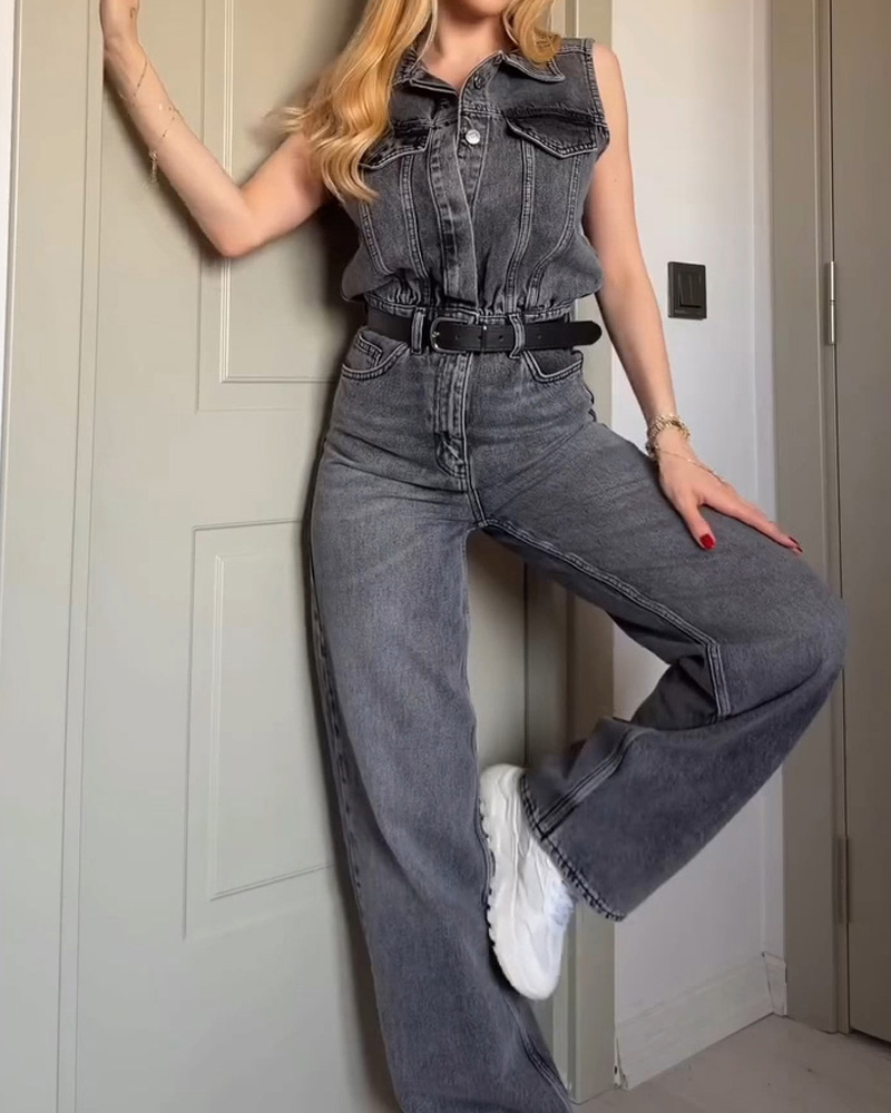 Ladies' Spring American Retro Sleeveless Wide Leg Cowboy jumpsuit
