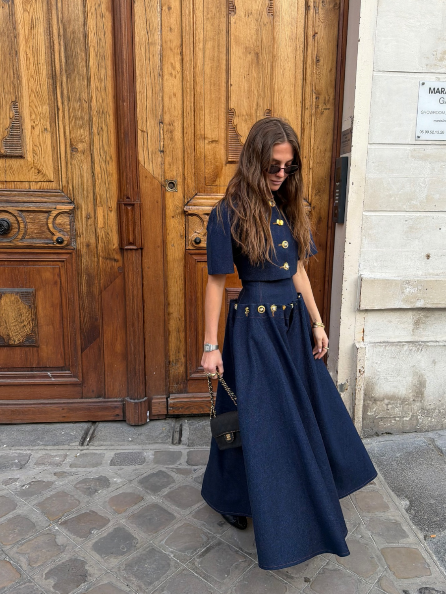 Luxury Button Detail Cropped Top And Flared Maxi Skirt Set