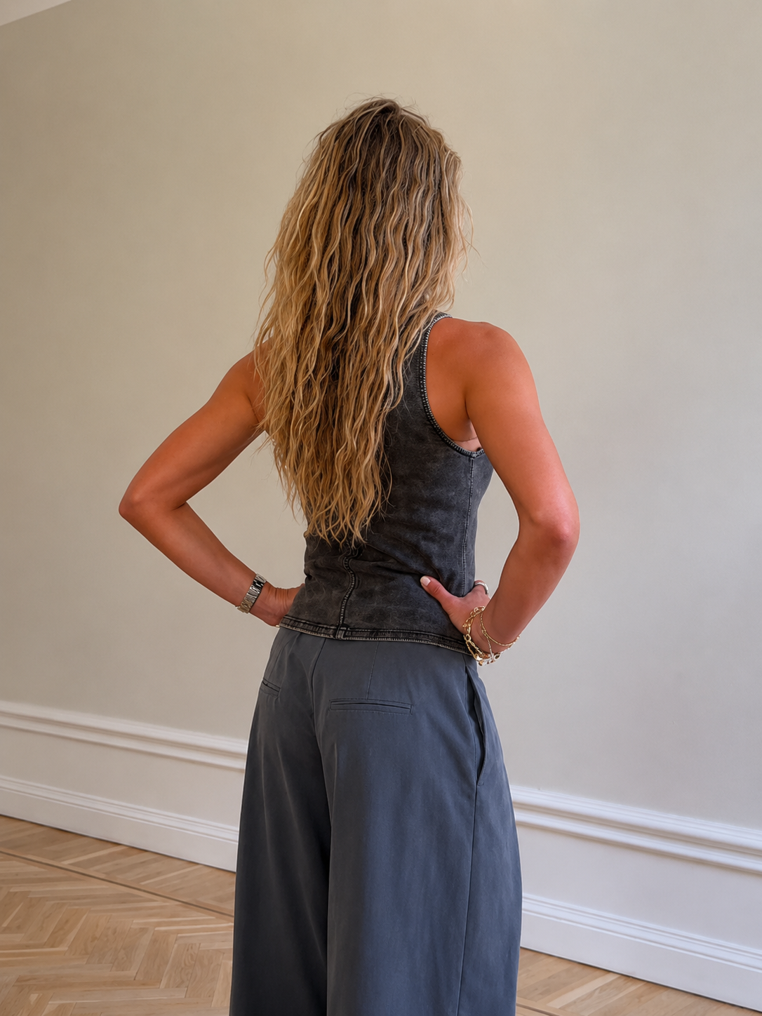 Washed Denim Asymmetrical Zip-Up Tank Top