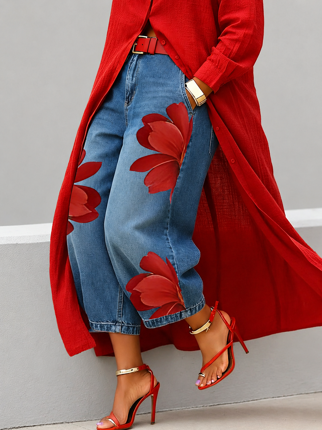 Red Floral Print Cropped Wide-Leg Denim Pants