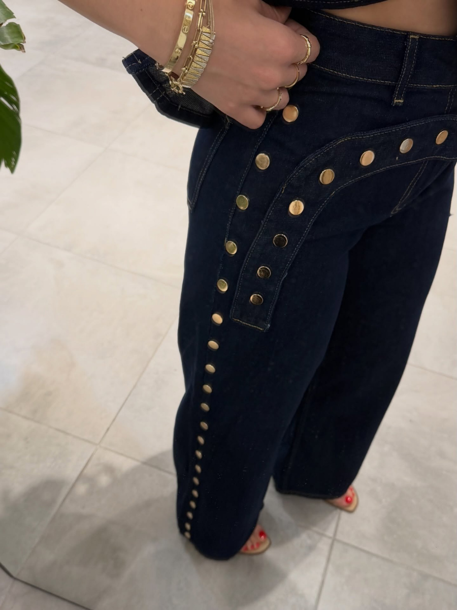 Gold Button Denim Vest & Wide-Leg Jeans Set